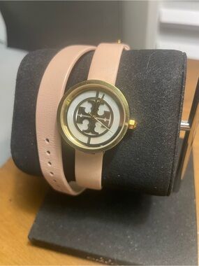 Tory Burch REVA Pink double Leather Wrap Watch with Gold Case